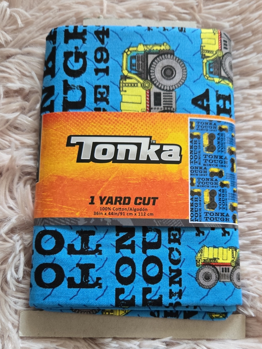 Brand New Tonka Blue Fabric with Yellow Dump Truck Print 1 Yard Cut 36 X 44 In